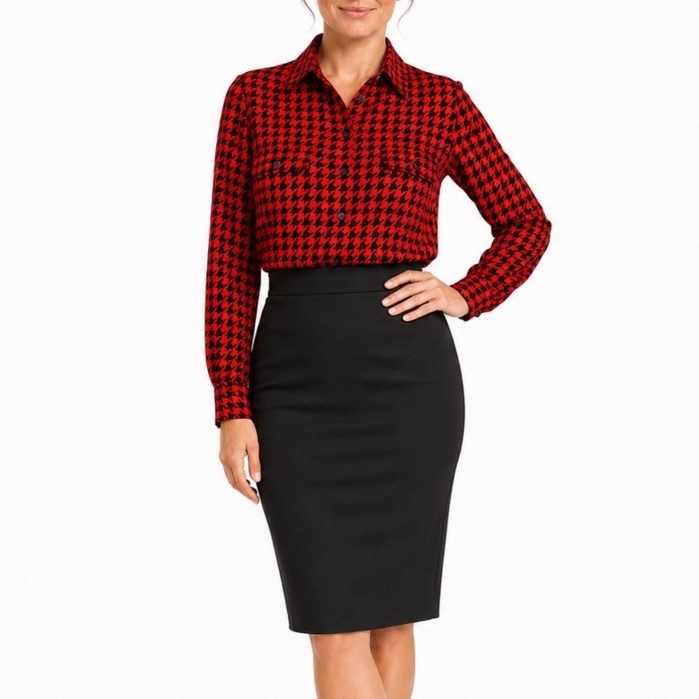 Y2K Jones New York Button Down Blouse 12 Red Black Houndstooth Dark Academia